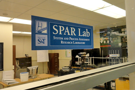 SPAR Lab window sign reading 'System and Process Assessment Research Laboratory' at Missouri S&T